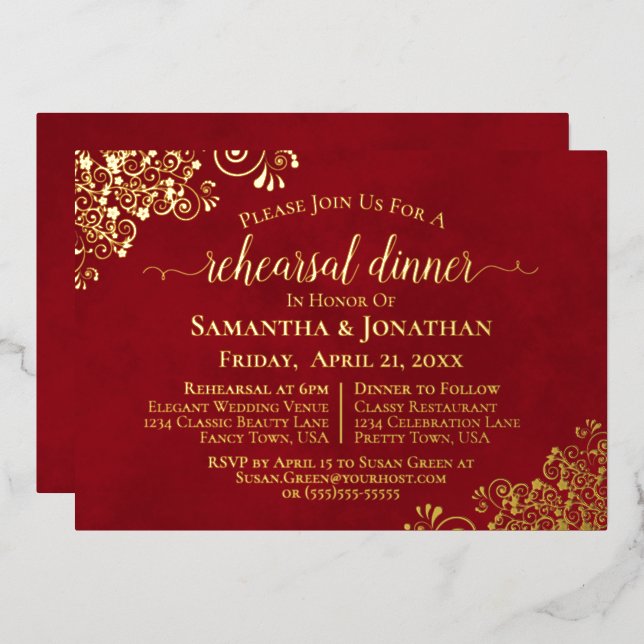 Gold Lace on Crimson Red Wedding Rehearsal Dinner (Front/Back)