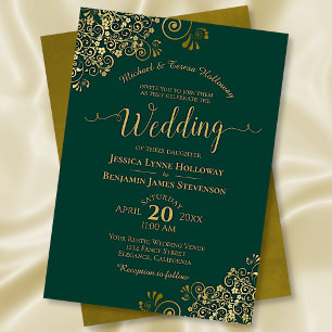 Gold Lace on Emerald Green Elegant Formal Wedding Invitation