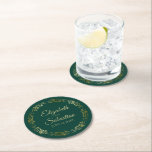 Gold Lace on Emerald Green Elegant Wedding Round Paper Coaster<br><div class="desc">These beautiful wedding coasters feature a simple yet elegant design with a golden faux foil lace border on an emerald green coloured background. There is gold script lettering with the couple's names and the wedding date. Wonderful wedding memento or save the date gift.</div>