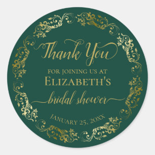 Gold Lace on Emerald Green Thank You Bridal Shower Classic Round Sticker