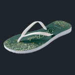 Gold Lace on Emerald Green The Bride Wedding Flip Flops<br><div class="desc">Dance the night away with these beautiful wedding flip flops. Designed for the bride, they feature a simple yet elegant design with gold coloured script lettering on an emerald green coloured background and fancy golden lace curls and swirls. Beautiful way to stay fancy and appropriate while giving your feet a...</div>