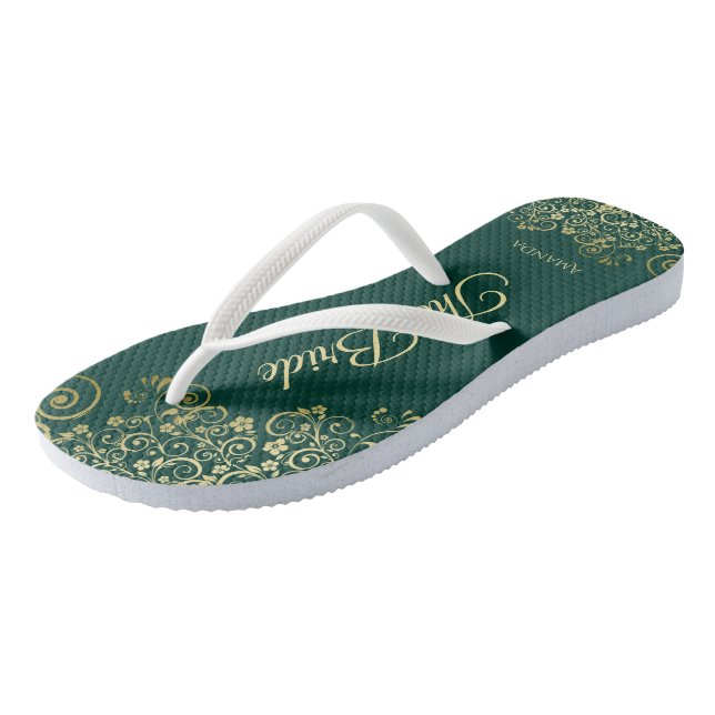 Gold Lace on Emerald Green The Bride Wedding Flip Flops (Angled)