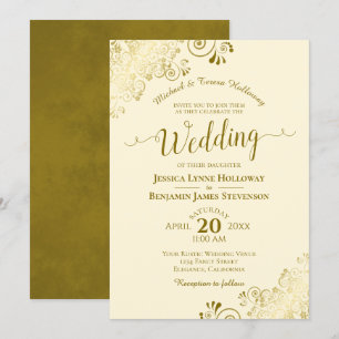 Gold Lace on Ivory Cream Elegant Formal Wedding Invitation