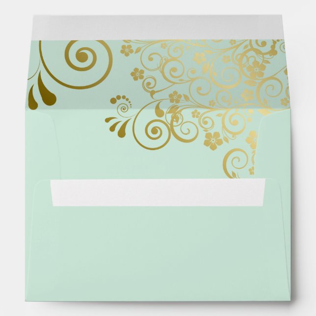 Gold Lace on Light Mint Green Elegant Wedding Envelope (Back (Bottom))