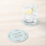 Gold Lace on Light Powder Blue Elegant Wedding Round Paper Coaster<br><div class="desc">These beautiful wedding coasters feature a simple yet elegant design with a golden faux foil lace border on a light powder blue coloured background. There is gold script lettering with the couple's names and the wedding date. Wonderful wedding memento or save the date gift.</div>