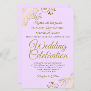 Gold Lace on Lilac BUDGET Wedding Invitation Large