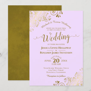 Gold Lace on Lilac Purple Elegant Formal Wedding Invitation