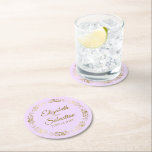 Gold Lace on Lilac Purple Elegant Wedding Round Paper Coaster<br><div class="desc">These beautiful wedding coasters feature a simple yet elegant design with a golden faux foil lace border on a light lilac purple coloured background. There is gold script lettering with the couple's names and the wedding date. Wonderful wedding memento or save the date gift.</div>