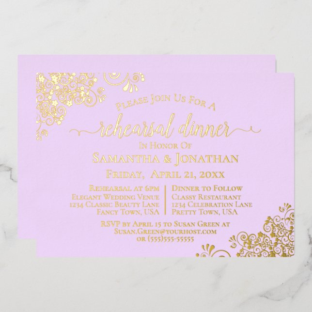 Gold Lace on Lilac Purple Wedding Rehearsal Dinner (Front/Back)