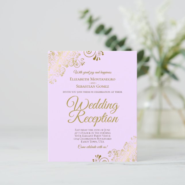 Gold Lace on Lilac Wedding Reception BUDGET Invite (Standing Front)