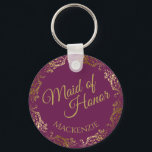 Gold Lace on Magenta Elegant Maid of Honour Weddin Key Ring<br><div class="desc">This beautiful key chain is designed as a wedding gift or favour for the Maid of Honour. It features a cassis purple, magenta, or berry coloured background, a gold faux foil lace border and the text "Maid of Honour" as well as a place to enter her name. Beautiful way to...</div>