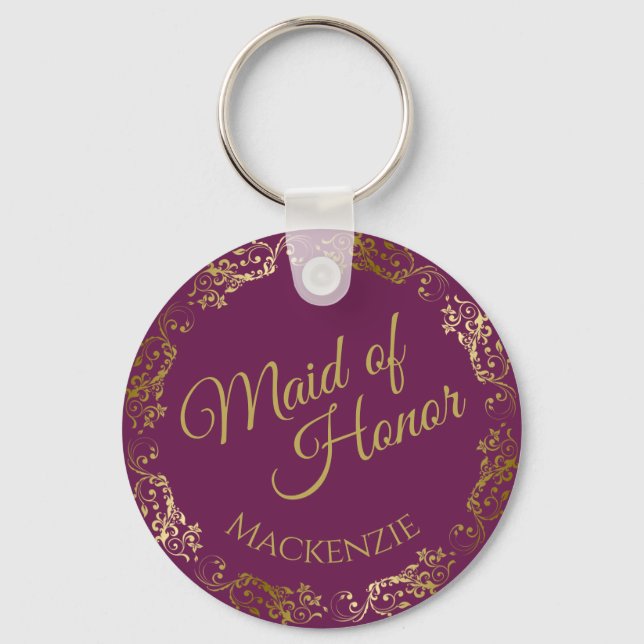 Gold Lace on Magenta Elegant Maid of Honour Weddin Key Ring (Front)
