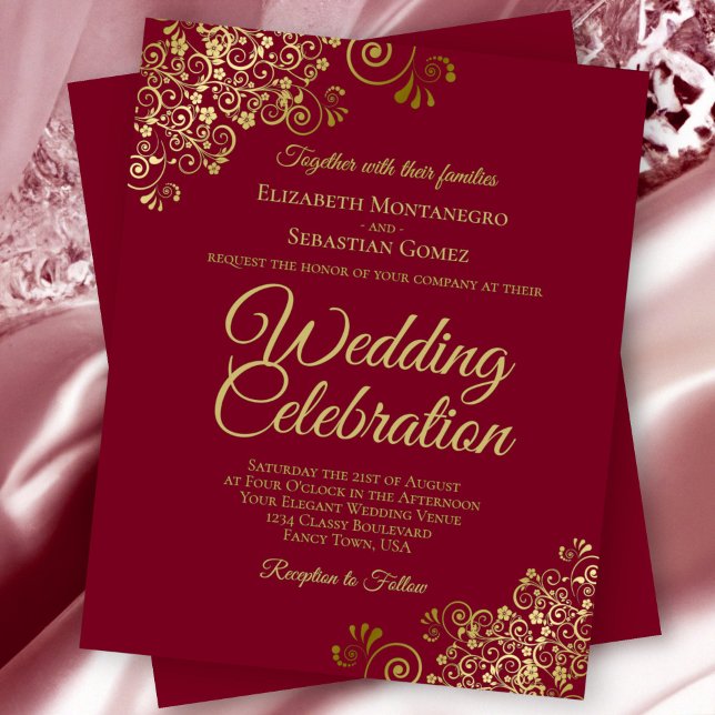 Gold Lace on Maroon Budget Wedding Invitation (Creator Uploaded)