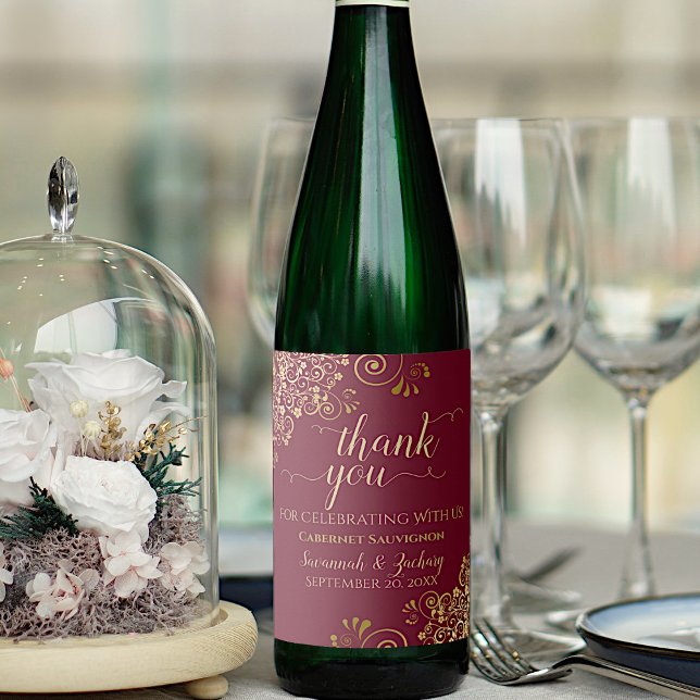 Gold Lace on Maroon Burgundy Wedding Thank You Wine Label (Creator Uploaded)