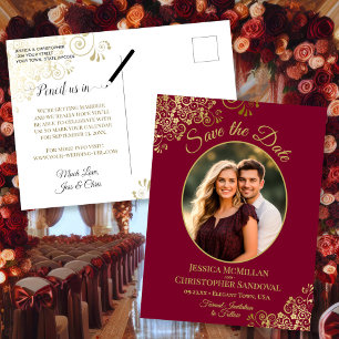 Gold Lace on Maroon Wedding Save the Date Photo Announcement Postcard