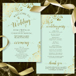 Gold Lace on Mint Green Budget Wedding Program<br><div class="desc">These wedding programs are elegant and tasteful, while still being budget friendly. The design features ornate golden faux foil lace with gold text on a neo mint green colored background. The typography features lacy script calligraphy, and there is room for details on the ceremony, the bridal party, and a short...</div>