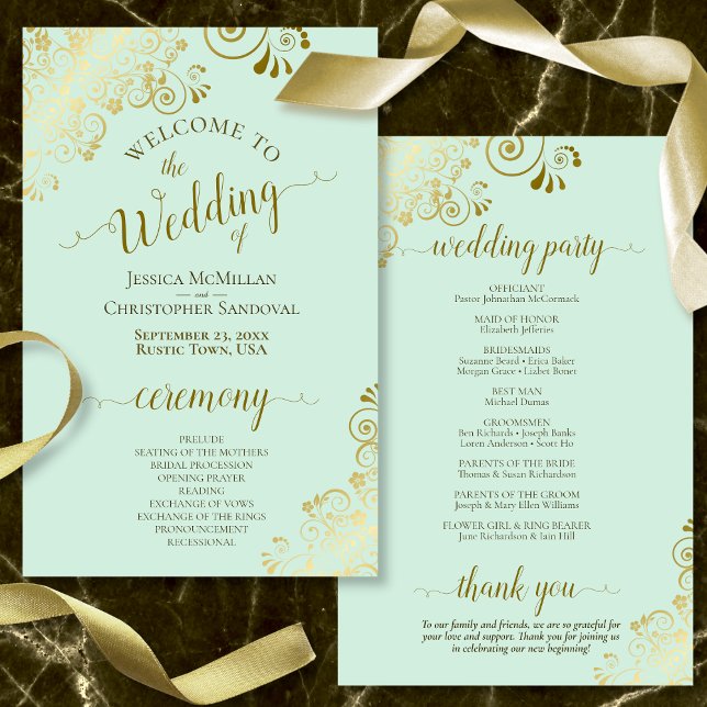 Gold Lace on Mint Green Budget Wedding Program (Front and Back)