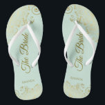 Gold Lace on Mint Green The Bride Elegant Wedding Flip Flops<br><div class="desc">Dance the night away with these beautiful wedding flip flops. Designed for the bride, they feature a simple yet elegant design with gold coloured script lettering on a light neo mint green coloured background and fancy golden lace curls and swirls. Beautiful way to stay fancy and appropriate while giving your...</div>