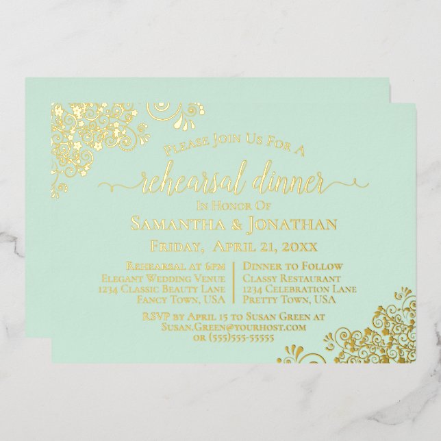 Gold Lace on Mint Green Wedding Rehearsal Dinner (Front/Back)