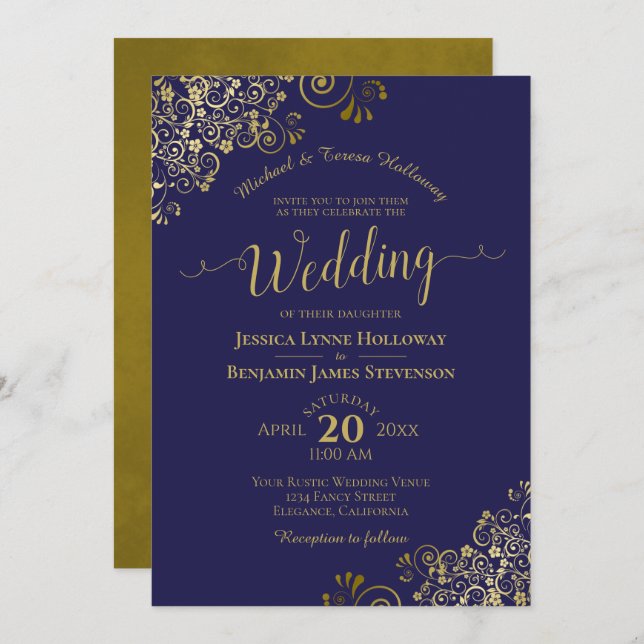 Gold Lace on Navy Blue Elegant Formal Wedding Invitation (Front/Back)