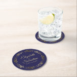 Gold Lace on Navy Blue Elegant Wedding Round Paper Coaster<br><div class="desc">These beautiful wedding coasters feature a simple yet elegant design with a golden faux foil lace border on a navy blue background. There is gold script lettering with the couple's names and the wedding date. Wonderful wedding memento or save the date gift.</div>