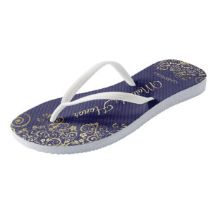 Gold Lace on Navy Blue Maid of Honour Wedding Flip Flops