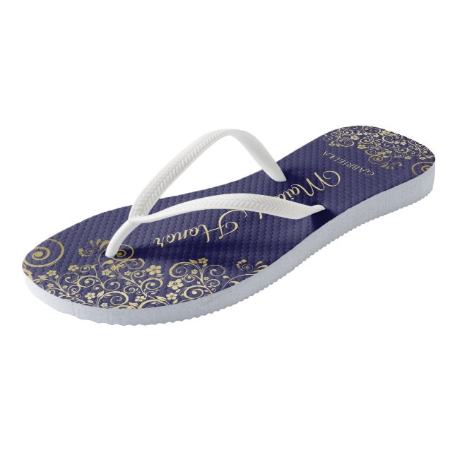 Gold Lace on Navy Blue Maid of Honour Wedding Flip Flops (Angled)