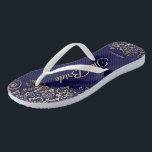 Gold Lace on Navy Blue The Bride Wedding Flip Flops<br><div class="desc">Dance the night away with these beautiful wedding flip flops. Designed for the bride, they feature a simple yet elegant design with gold coloured script lettering on a navy blue coloured background and fancy golden lace curls and swirls. Beautiful way to stay fancy and appropriate while giving your feet a...</div>