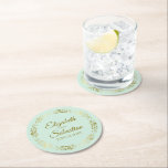 Gold Lace on Neo Mint Green Elegant Wedding Round Paper Coaster<br><div class="desc">These beautiful wedding coasters feature a simple yet elegant design with a golden faux foil lace border on a pale neo mint green coloured background. There is gold script lettering with the couple's names and the wedding date. Wonderful wedding memento or save the date gift.</div>