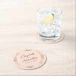 Gold Lace on Pale Blush Pink Elegant Wedding Round Paper Coaster<br><div class="desc">These beautiful wedding coasters feature a simple yet elegant design with a golden faux foil lace border on a pale blush pink coloured background. There is gold script lettering with the couple's names and the wedding date. Wonderful wedding memento or save the date gift.</div>
