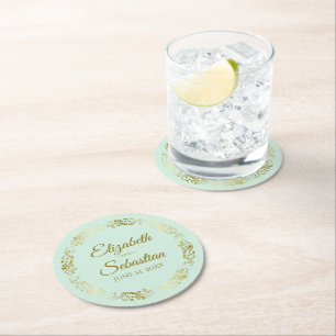 Gold Lace on Pale Mint Green Elegant Wedding Round Paper Coaster