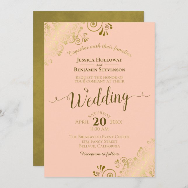 Gold Lace on Peach Elegant Calligraphy Wedding Invitation (Front/Back)