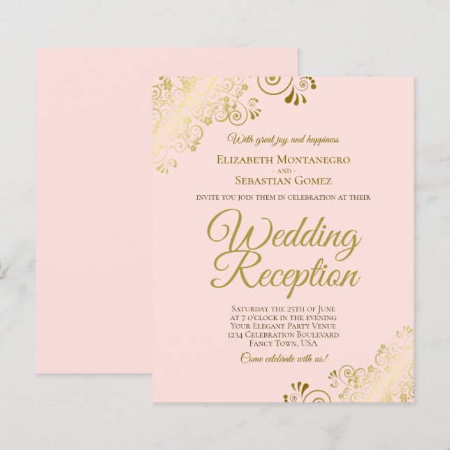 Gold Lace on Pink Wedding Reception BUDGET Invite (Front/Back)