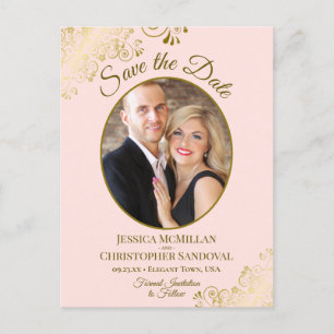 Gold Lace on Pink Wedding Save the Date Oval Photo Announcement Postcard