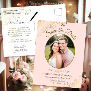 Gold Lace on Pink Wedding Save the Date Oval Photo Announcement Postcard