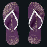 Gold Lace on Plum Purple Chic Bridesmaid Wedding Flip Flops<br><div class="desc">These elegant wedding flip flops are a great way to thank and recognise your bridesmaids, while giving their feet a rest after a long day. The beautiful design features an elegant design with golden lace frills on a plum purple coloured background and fancy gold coloured script lettering. The text reads...</div>