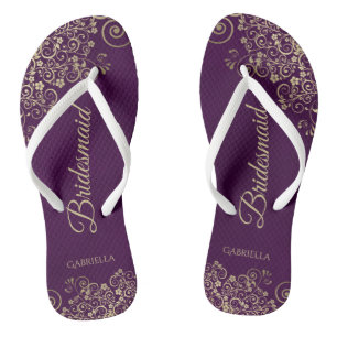 Gold Lace on Plum Purple Chic Bridesmaid Wedding Flip Flops