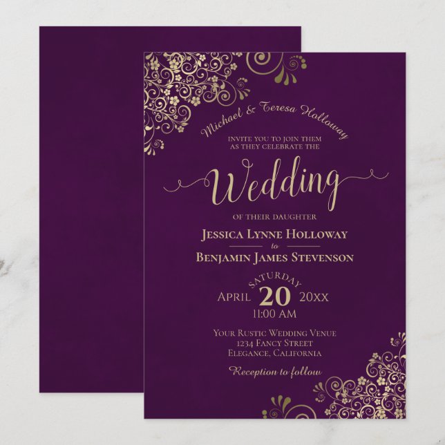 Gold Lace on Plum Purple Elegant Formal Wedding Invitation (Front/Back)