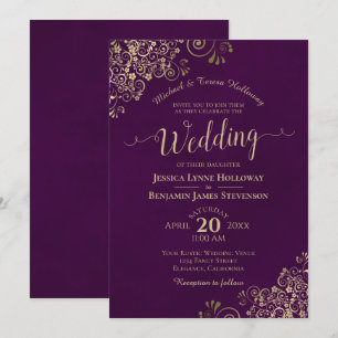 Gold Lace on Plum Purple Elegant Formal Wedding Invitation