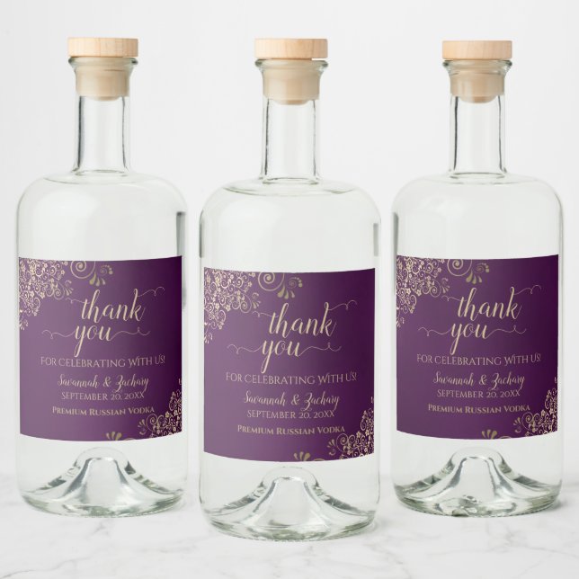 Gold Lace on Plum Purple Elegant Wedding Thank You Liquor Bottle Label (Bottles)