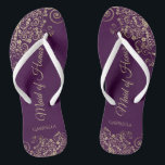 Gold Lace on Plum Purple Maid of Honour Wedding Flip Flops<br><div class="desc">These beautiful wedding flip flops are a great way to thank and recognise your Maid of Honour while saving her feet at the same time. Features an elegant design with golden lace frills on a deep plum purple coloured background and fancy gold coloured script lettering. The test reads Maid of...</div>