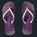 Gold Lace on Plum Purple Maid of Honour Wedding Flip Flops<br><div class="desc">These beautiful wedding flip flops are a great way to thank and recognise your Maid of Honour while saving her feet at the same time. Features an elegant design with golden lace frills on a deep plum purple coloured background and fancy gold coloured script lettering. The test reads Maid of...</div>
