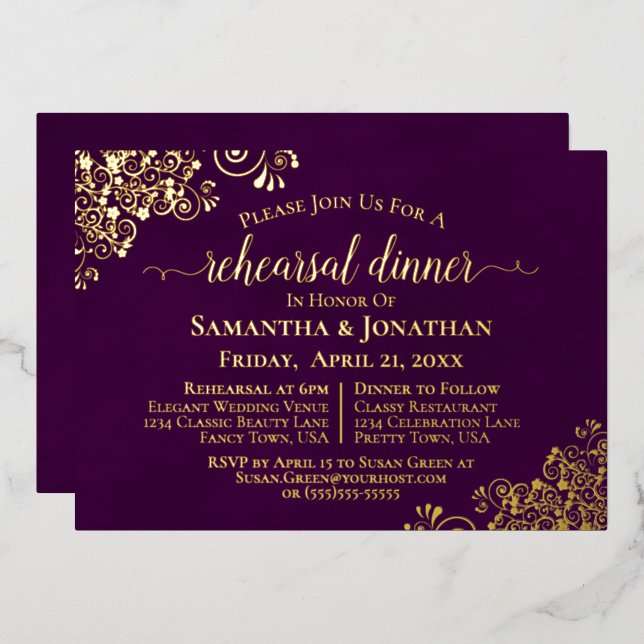 Gold Lace on Plum Purple Wedding Rehearsal Dinner (Front/Back)