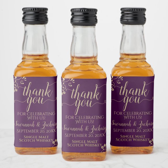 Gold Lace on Plum Purple Wedding Thank You Mini Liquor Bottle Label (Bottles)