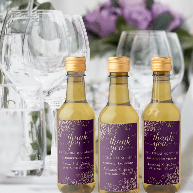 Gold Lace on Plum Purple Wedding Thank You Mini Wine Label (Creator Uploaded)