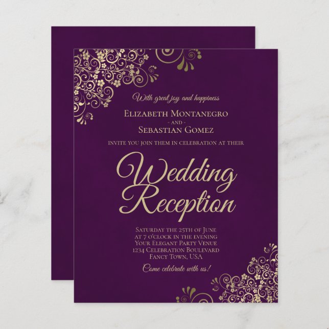 Gold Lace on Plum Wedding Reception BUDGET Invite (Front/Back)