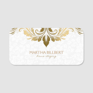 Gold Lace On Plush White Damasks Name Tag