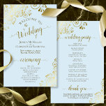 Gold Lace on Powder Blue Budget Wedding Program<br><div class="desc">These wedding programs are elegant and tasteful, while still being budget friendly. The design features ornate golden faux foil lace with gold text on a pale powder blue colored background. The typography features lacy script calligraphy, and there is room for details on the ceremony, the bridal party, and a short...</div>