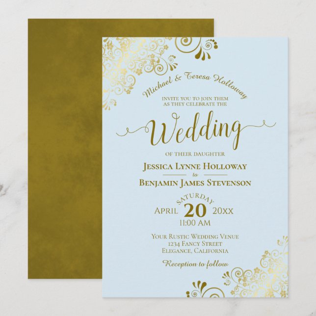 Gold Lace on Powder Blue Elegant Formal Wedding Invitation (Front/Back)