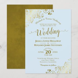 Gold Lace on Powder Blue Elegant Formal Wedding Invitation